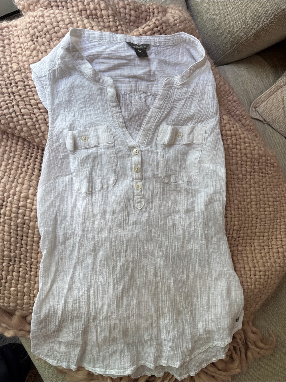Eddie Bauer White Gauze Sleeveless Button Henley Tank